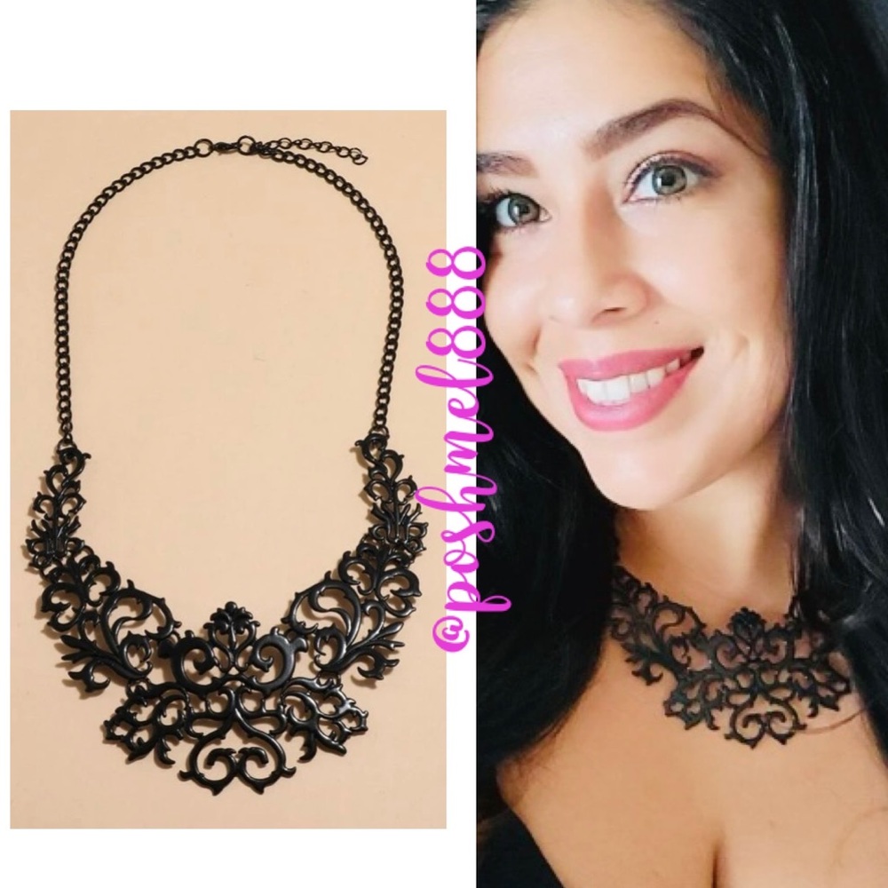 Gothic Glam GoddessWear Filigree & Scroll Gunmetal Black Statement Neckl…